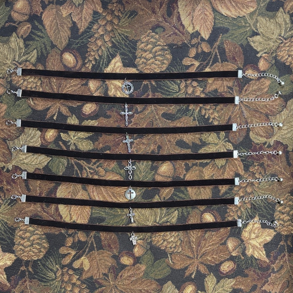Brown Velvet Cross Charm Choker Bundle